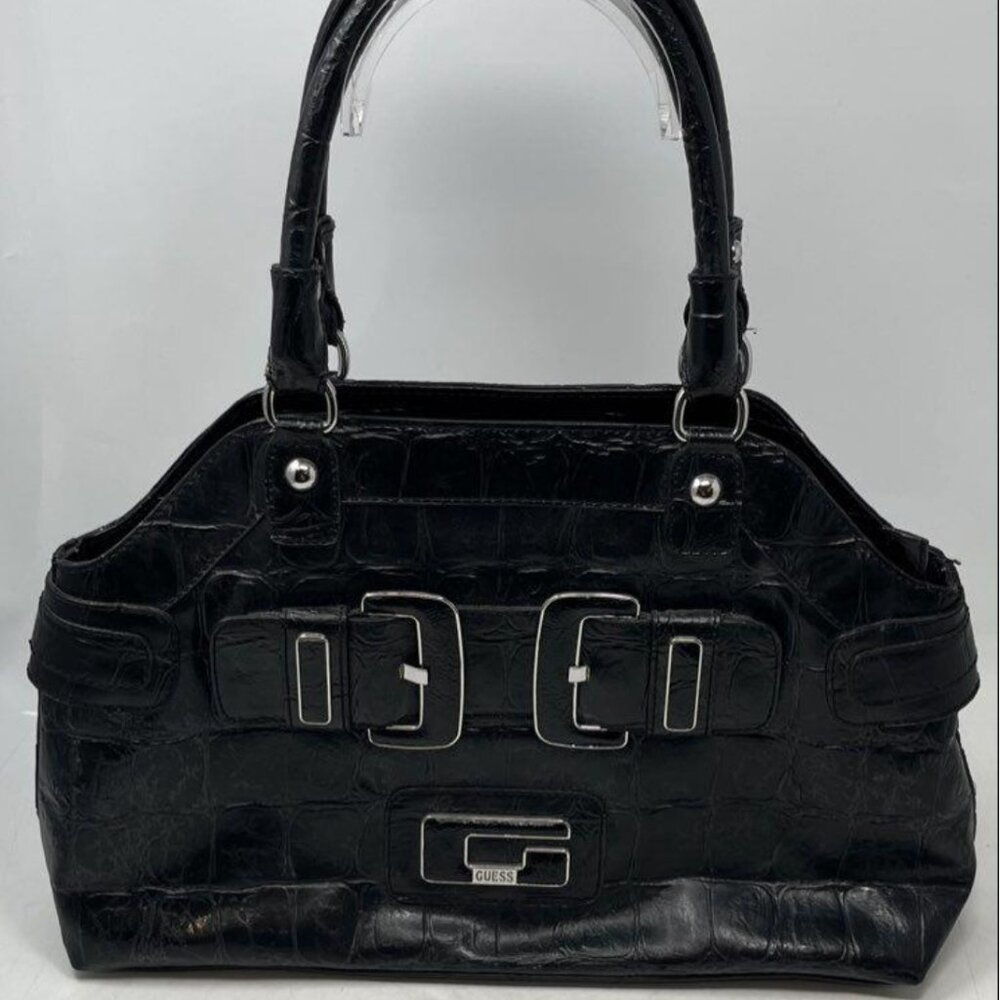GUESS Y2K Black Leather Croc Embossed Tote Bag